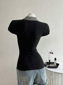 Elamini Kaos Lengan Pendek Pas Badan Bermotif Kotak-kotak Patchwork Gaya Retro Chic Musim Panas - Putih - View 2