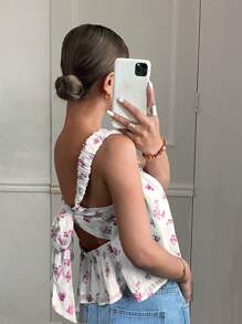 SHEIN Frenchy Áo ba lỗ nữ in họa tiết dệt jacquard buộc lưng nhún bèo cho mùa hè, Áo hở lưng mùa hè châu Âu hở lưng họa tiết hoa nhỏ xinh, Áo hở lưng bãi biển Ibiza dễ thương - Màu be - Xem 5