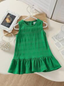 SHEIN Playful Pals 女童荷葉邊無袖純色洋裝 休閒舒適 夏季公主風 百搭外出與疊穿 嬰幼女童服飾 女孩洋裝 - 綠色 - 查看 2