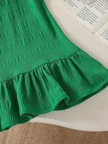 SHEIN Playful Pals 女童荷葉邊無袖純色洋裝 休閒舒適 夏季公主風 百搭外出與疊穿 嬰幼女童服飾 女孩洋裝 - 綠色 - 查看 8