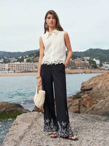 MOTF PREMIUM 亚麻花卉刺绣西装裤 - 黑色 - 查看 1