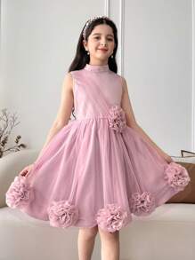SHEIN Robe en organza sans manches à col debout et décor floral 3D pour jeunes filles - Rose bonbon - Voir 5