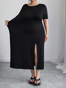 SHEIN CURVE+ 大码夏季休闲简约黑色开衩短袖连衣裙，曲线加大，波西米亚风女士度假海滩装/沙滩裙/海滩度假装/海滩必备品/毕业/茶会礼服 - 黑色 - 查看 5