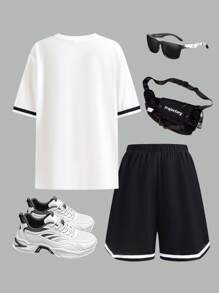SHEIN Set de 2 piezas para adolescentes: Camiseta blanca de cuello redondo casual y deportiva, y pantalones cortos deportivos con decoración de cinta y estampado en inglés, adecuado para atuendos de niño adolescente, ropa de niño pequeño de vuelta al colegio. Apropiado para fiestas de cumpleaños, fiestas de noche, actuaciones, bodas, bautizos, ceremonias de apertura. Apto para uso diario, escuela, viajes, deportes, primavera y verano.