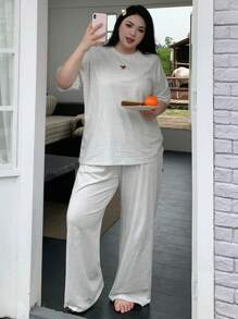 Dazy Plus 大码女式可爱卡通印花插肩袖宽松上衣和裤子睡衣套装、服装、秋装