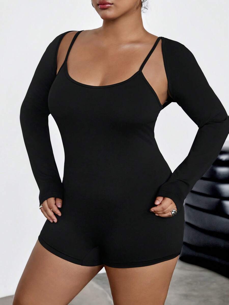 SHEIN EZwear 2 件加大码纯色装饰吊带背心长袖连体衣，夏季时尚 - 黑色 - 查看 1