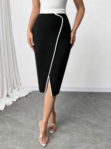 SHEIN Clasi Falda lápiz elegante de punto de alta calidad y alta elasticidad con bloqueo de color de talle alto para mujeres curvy y de talla grande, negra, 2025 nueva, para invierno, vintage, salir, otoño, invierno, otoño talla grande, oficina para mujeres, falda de otoño - Negro - Ver 8