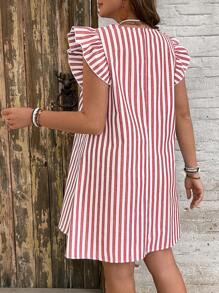 SHEIN VCAY Plus Size Casual & Holiday Striped Mini Cap Sleeve Dress - Red and White - View 2