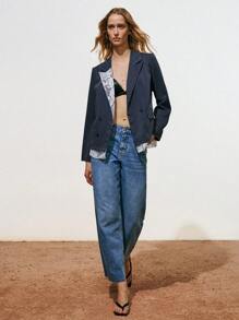 Lumivelle Niche Design Lace Patchwork Striped Blazer - Blue - View 5