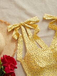 KARISMINA Women's Woven Printed Tie-Up Cropped Fitted Cami Top, Spring Streetwear Casual Vacation,Cute Summer Set,European Summer - Mustard Yellow - View 5