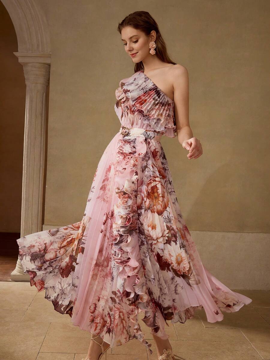 MOTF PREMIUM 飘逸花卉印花荷叶边百褶连衣裙 - 粉色 - 查看 1