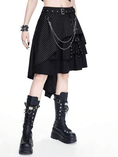 Gothic Style Asymmetric Striped Design Eyelets Metal Cross Chain A-Line Skirt