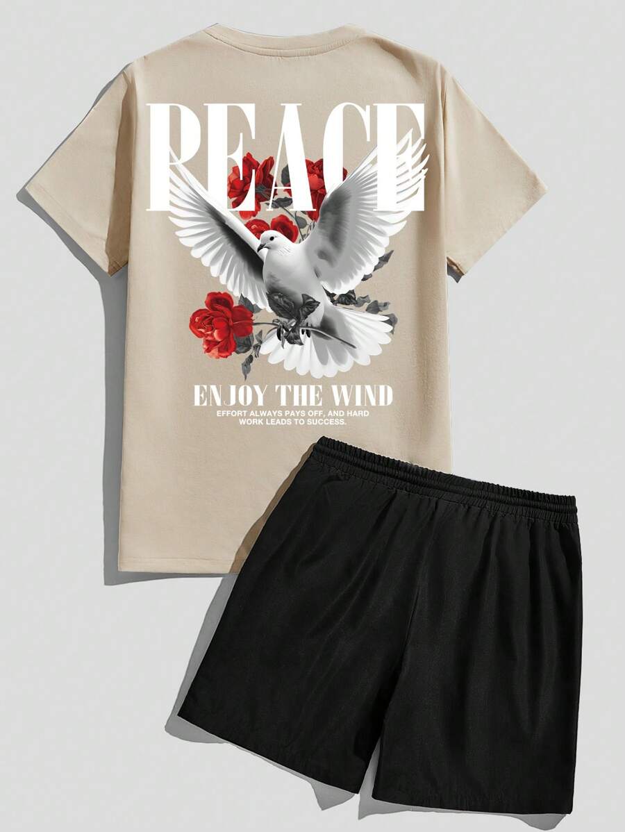 Manfinity Hypemode 2pcs/Set Men's Khaki Printed T-Shirt & Black Shorts - Multicolor - View 1