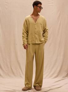 Musero Boxy Fit V Neck Textured Button Through Coat Spring Summer Streetstyle Holiday Vacation
