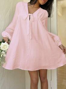 Sunnyshic Women's Solid Color Casual Tie-Front V-Neck Bowknot Short Dress, Vacation & Daily Wear, Spring/Summer - Baby Pink - View 1