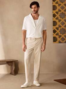 GENTILAND Men's Casual Unlined Frayed Hem Loose Drop Shoulder Mandarin Collar Plain Short Sleeve Shirt