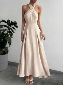 Aloruh Women's Elegant White Woven Fabric Halter Maxi Dress With Criss-Cross Neckline And Flared Hem - White - View 6