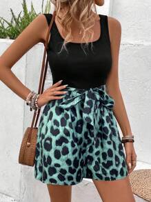 SHEIN LUNE Women's Square Neck U-Neck Waist Tie Bow A-Line Contrast Color Patchwork Retro Leopard Print Casual Vacation Elegant Jumpsuit - Dark Green - View 6