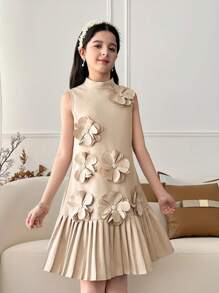 SHEIN 女童优雅花卉印花短袖圆领梭织连衣裙 - 卡其色 - 查看 9
