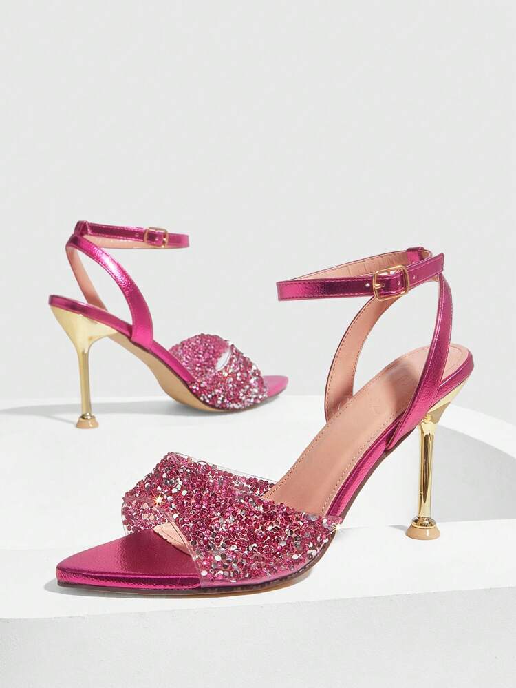 CUCCOO SZL Sandalias de tacón de aguja con cristales en estilo glamoroso, sexy y de club nocturno con talón de cristal de estilo palacio, tacón medio dorado para damas, transparentes con brillo de PVC