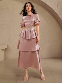 DAZY Women's Glossy Layered Ruffle Hem Patchwork Long Dress, Ladies Summer Dress, Graduation Dress Maxi Dress - Pink - View 2