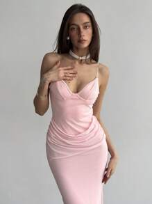Aloruh Ladies' Summer Elegant Solid Color Pleated Dress With Spaghetti Straps - Pink - View 3