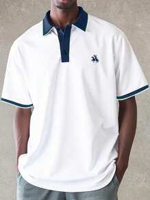 Manfinity Homme Classic Blue, Green And White Colorblock Embroidered Logo Short Sleeve Polo Shirt