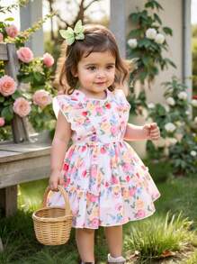 SHEIN Baby Girl Summer New Versatile Purple Ditsy Floral Cake Skirt Dress - Pink - View 1