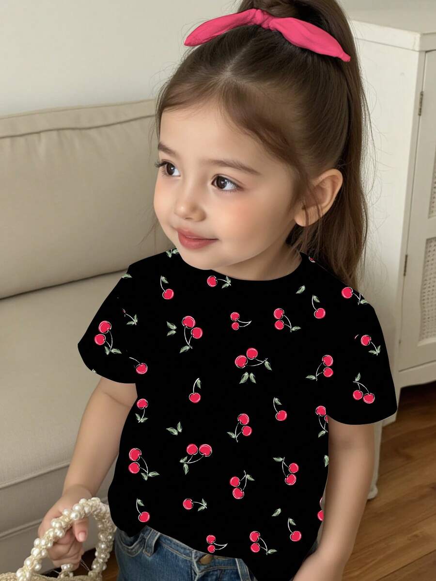 SHEIN 可爱樱桃印花黑色少女休闲简约圆领短袖T恤适合夏季 - 彩色 - 查看 1