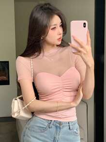 Blusa corta de manga corta con transparencias, ajuste ceñido, elegante para el Día de San Valentín, boda, fiesta, ocasión formal, con aplicación de encaje negro en los bordes - Rosa 2 - Ver 10