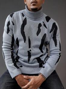 Manfinity Homme Plus Size Men Geometric Pattern Turtleneck Long Sleeve Casual Sweater, Autumn/Winter - Multicolor - View 3