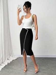 SHEIN Clasi Falda lápiz elegante de punto de alta calidad y alta elasticidad con bloqueo de color de talle alto para mujeres curvy y de talla grande, negra, 2025 nueva, para invierno, vintage, salir, otoño, invierno, otoño talla grande, oficina para mujeres, falda de otoño - Negro - Ver 5