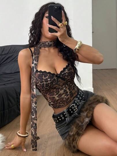 Coolane 女士夏季音乐会音乐节街头服饰 Y2K 蕾丝豹纹蝴蝶结背心