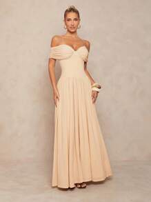 Lumalex 1 件女式露肩束腰喇叭裙 - 杏色 - 查看 5