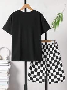 SHEIN Tween Boy Casual Checkered Print T-Shirt And Shorts 2 Pieces Set, Summer, School, Campus, College