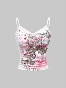 ROMWE Grunge Punk Summer Concert Festival Y2K Chic Retro Romantic Rose Floral & Vine Heart Rhinestone Embellished Crop Top For Women