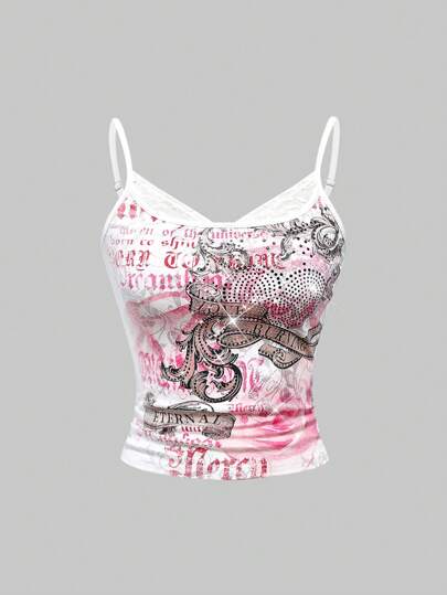 Grunge Punk Summer Concert Festival Y2K Chic Retro Romantic Rose Floral & Vine Heart Rhinestone Embellished Crop Top For Women