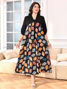 Lacomfia Vestido largo con cintura ceñida y estampado de hojas en patchwork - Negro - Ver 3