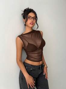 Siren Gaze Black Mesh Draped Round Neck Blouse, Mesh Sheer Top, Outerwear Blouse, For Women Brown Summer Casual - Coffee Brown - View 4