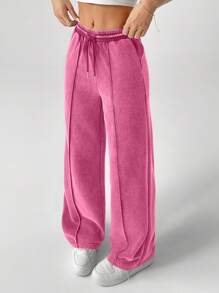 SHEIN PETITE Snow-Washed Women's Drawstring Wide Leg Sweatpants Baggy - Hot Pink - View 3