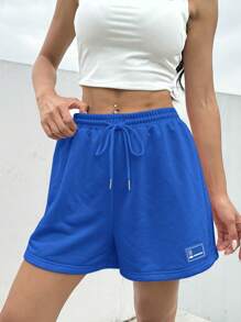 SHEIN EZwear 夏季宽松休闲抽绳腰部贴布运动短裤 - 寶藍色 - 查看 4