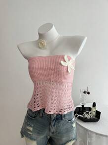 Elamini Sexy Floral Hollow Out Knit Crop Top, Beach Resort Style - Multicolor - View 5