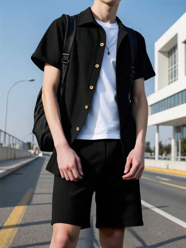 Teen Boy 2pcs/Set Casual Button-Front Short Sleeve Top And Drawstring Shorts Set, School, Campus, College