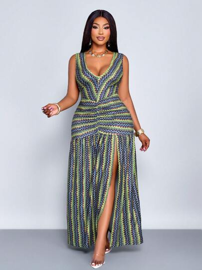 SOLERSUN Plus Size Spring And Summer Autumn New Elastic Waist Pleated Wide-Leg Abstract Pattern Line Pocket Pants Random Printing Elegant Sexy Casual Daily Beach Clothing Vacation Fashion Women's Clothing