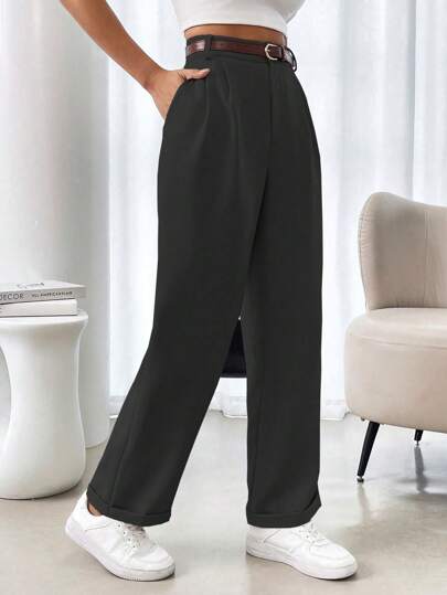 Chiquease French Style Solid Color Pleated Edge Pocket Women Suit Pants, Non-Stretchable