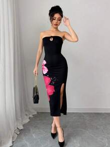 Breezaya Elegante abito casual da donna con stampa floreale e fessura, in stile traforato