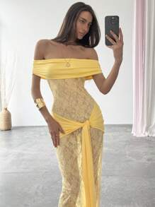Aloruh Women's Elegant Apricot Lace Maxi Dress: Sleeveless, Off-The-Shoulder Design With Twist Detail - Apricot - View 3