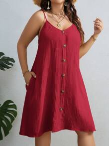 SHEIN VCAY Plus Size Solid Casual Button Front Cami Summer Dress,Sun Dresses For Women - Red - View 3