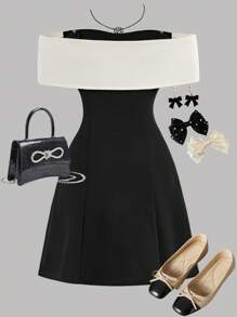 Girlism Vestido mini con hombros descubiertos y lazo en contraste para niñas preadolescentes, color negro, apto para volver al colegio, vestidos de otoño, vestidos de regreso a clases, fiestas, bodas, ocasiones de dama de honor