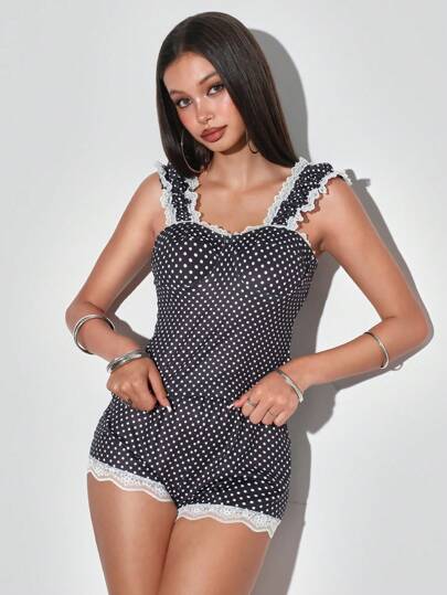 Academia Sexy Campus Lace Polka Dot Patchwork Ladies Summer Casual Pajama Set